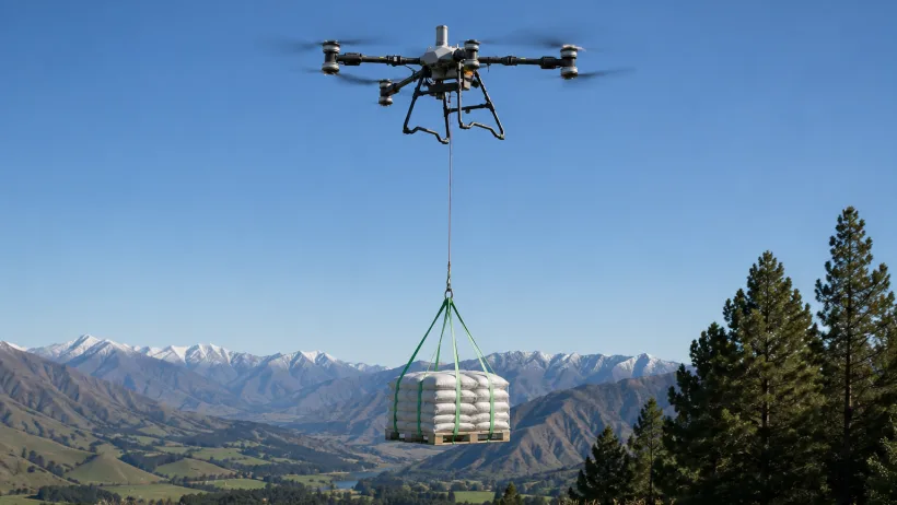 A drone lifting a tray of seedlings over hill country
