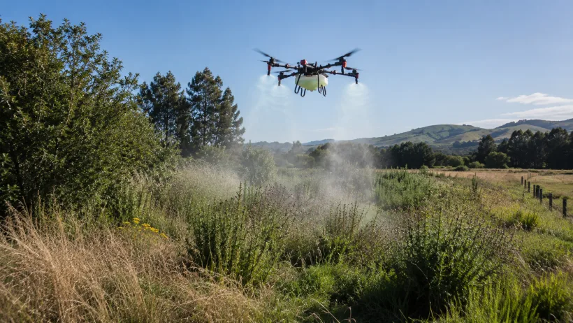A spray drone applying herbicide over green hill country